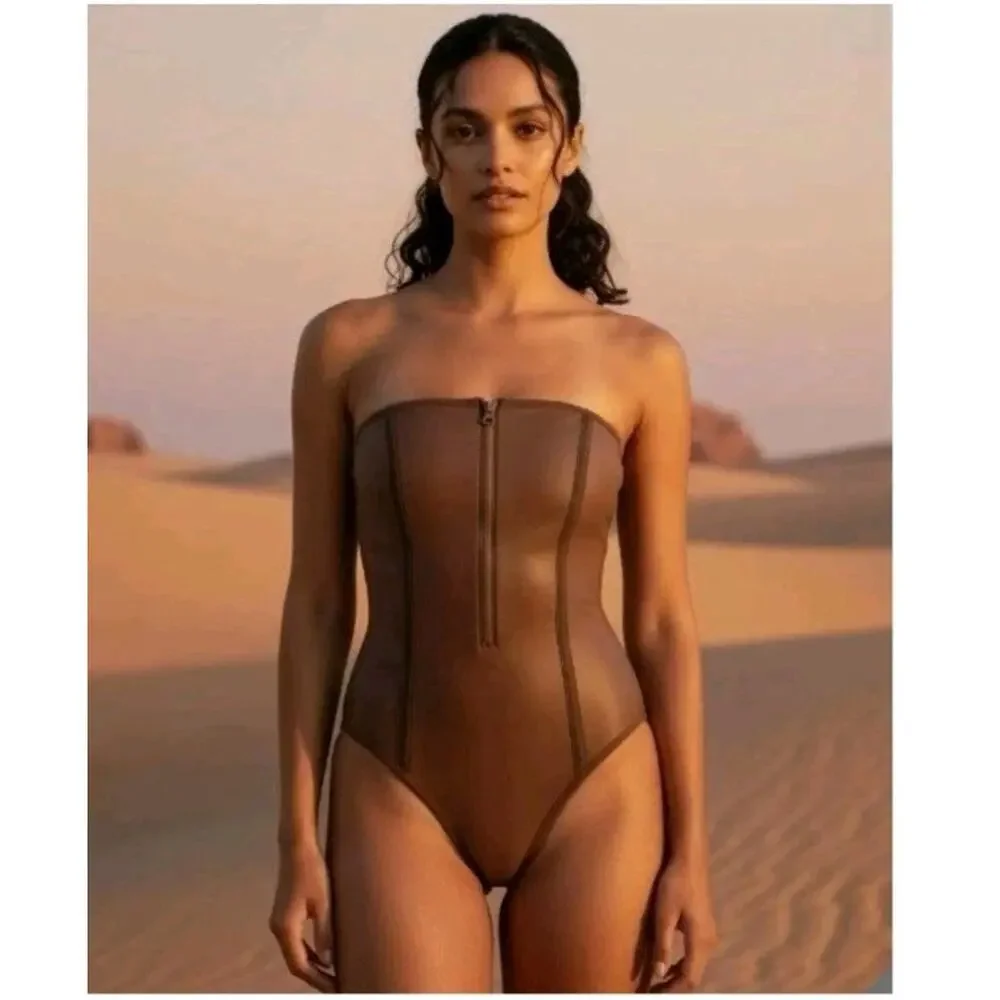 Skims Rubberized Scuba Swim Strapless One Piece Swimsuit Cocoa Brown Sz M New